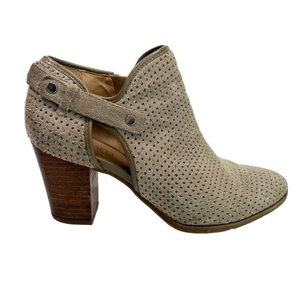 Franco Sarto Size 9 Taupe Suede Lazer Cut Ankle Booties Cut Out Block Heel - Picture 1 of 12
